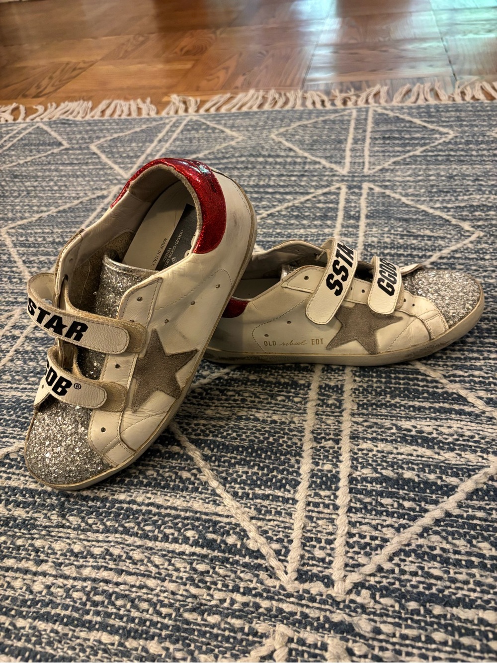 Golden Goose Silver Glitter & Red Heel Velcro Sneakers